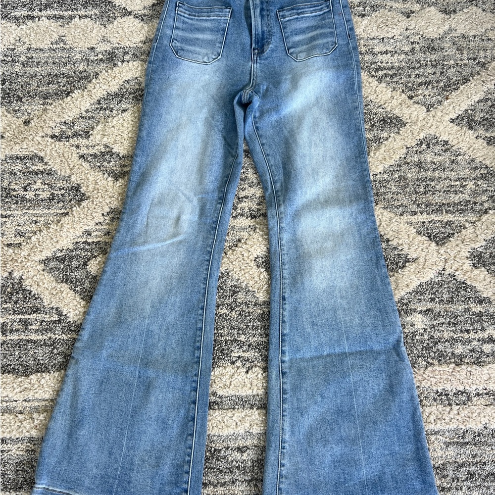 Blue Flare Wide Leg Jeans with Vintage Wash